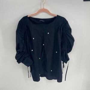 Zara black Oversize half sleeve ruched bead blouse women m